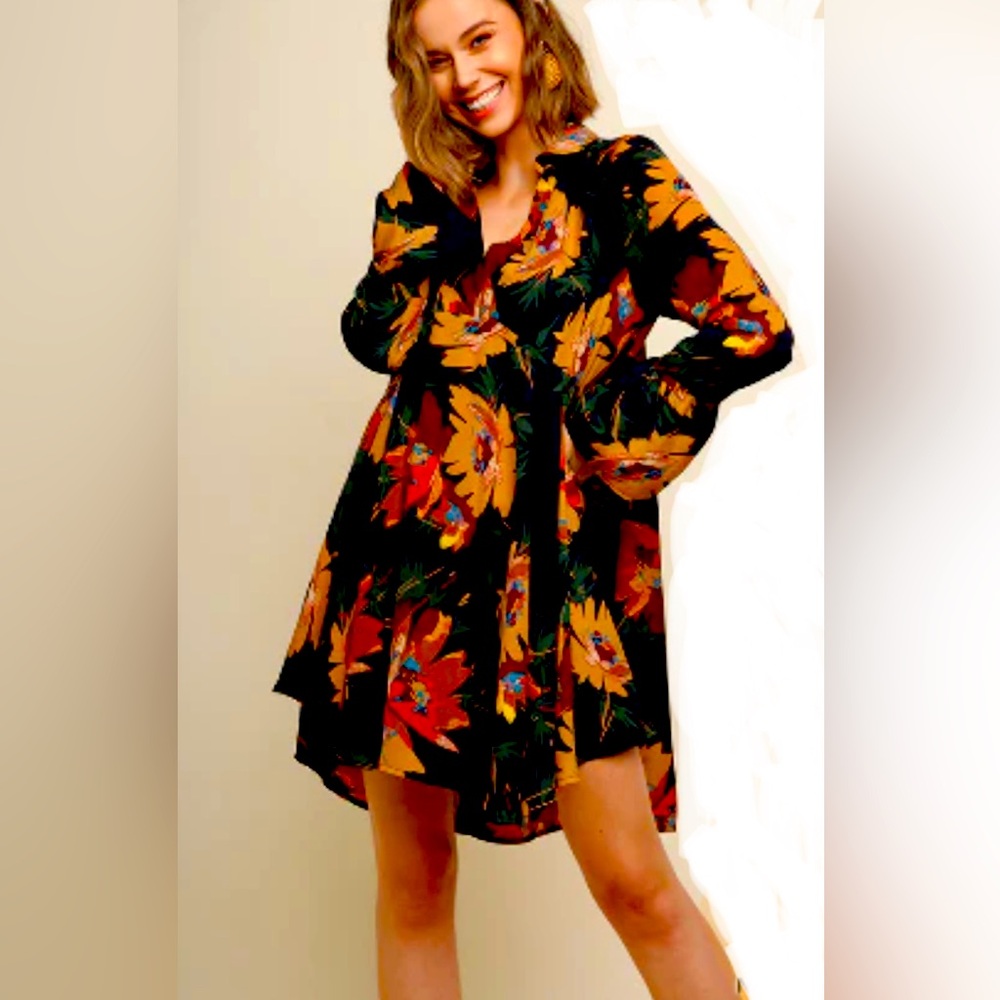 Floral Fall Dress w/ Ruffled Long Sleeves